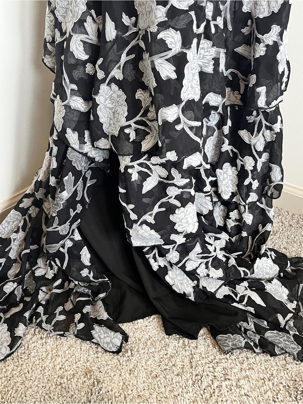 LENA Black Floral Maxi Dress XL Halter Open Back Ruffle Formal Gown - Picture 10 of 10